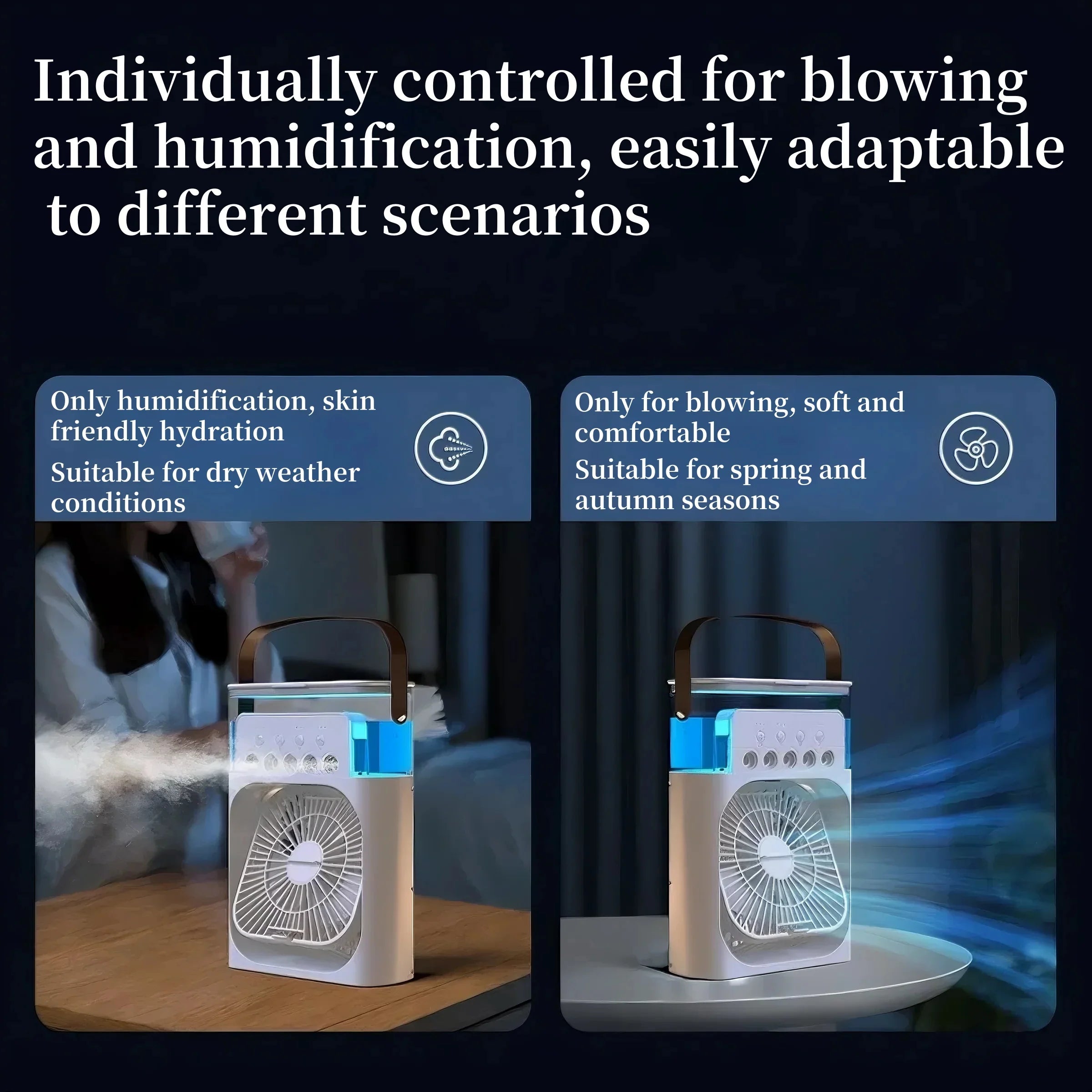 Spray fan portable household three in one small air cooler, 7-color LED night light, 5-hole humidifier, 1-3 hour timer