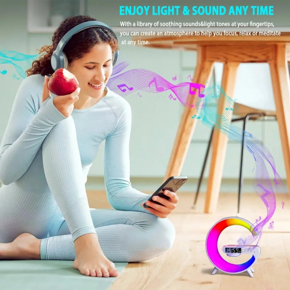 New RGB Wireless Charger & Home Desktop Multifunctional Ornament & Alarm Clock & Bluetooth Speaker & Night Light For Smartphones