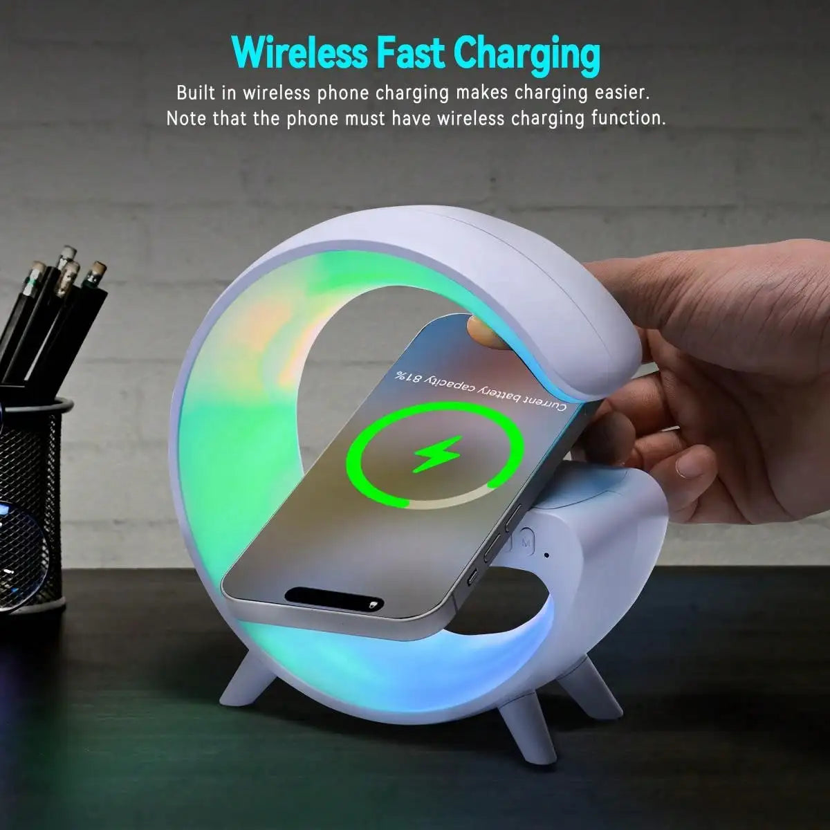 New RGB Wireless Charger & Home Desktop Multifunctional Ornament & Alarm Clock & Bluetooth Speaker & Night Light For Smartphones