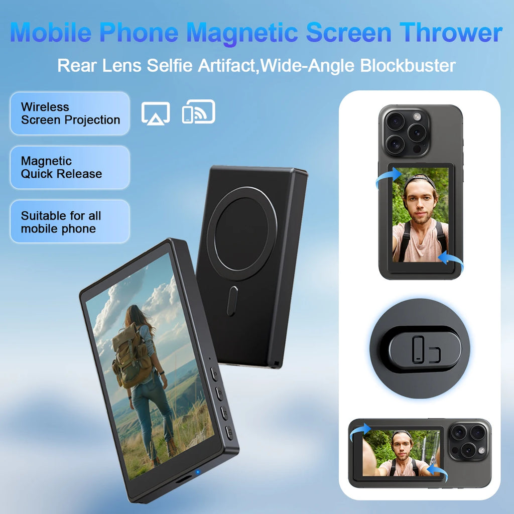 Wireless Selfie Monitor Screen，Magnetic Phone Vlog Selfie Monitor Screen 4K, Compatible with iPhone & Android