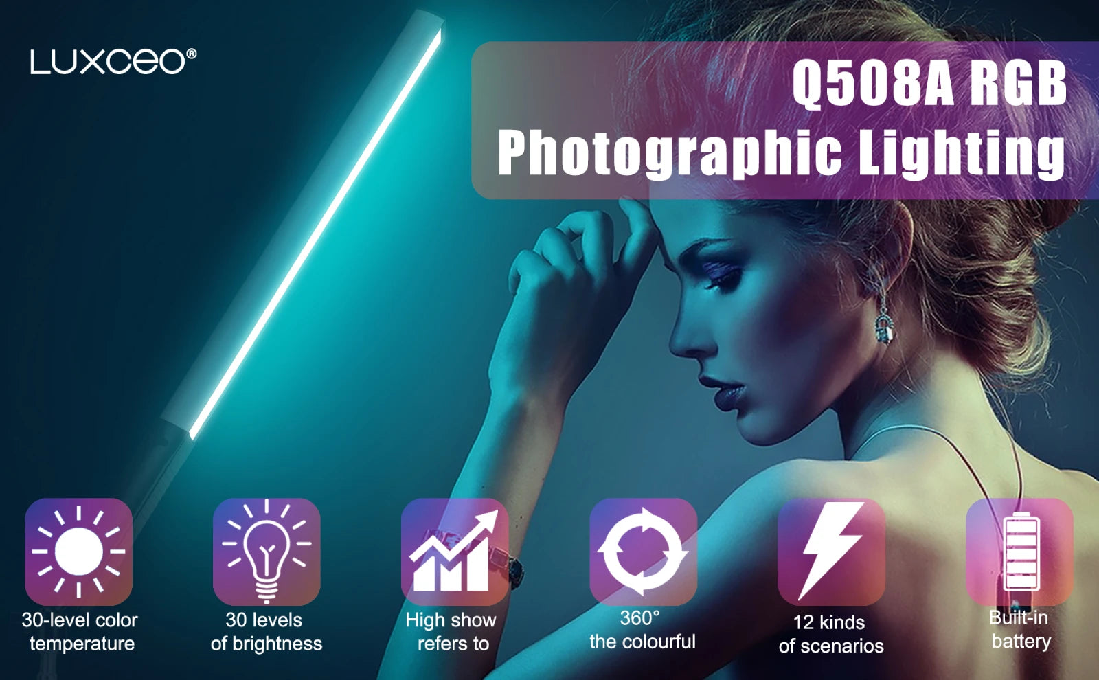 LUXCEO Q508A Handheld RGB Video Tube Light LED Stick 3000K-6000K CRI 95+ Photography Studio Colorful Light Wand For Youtube Vlog