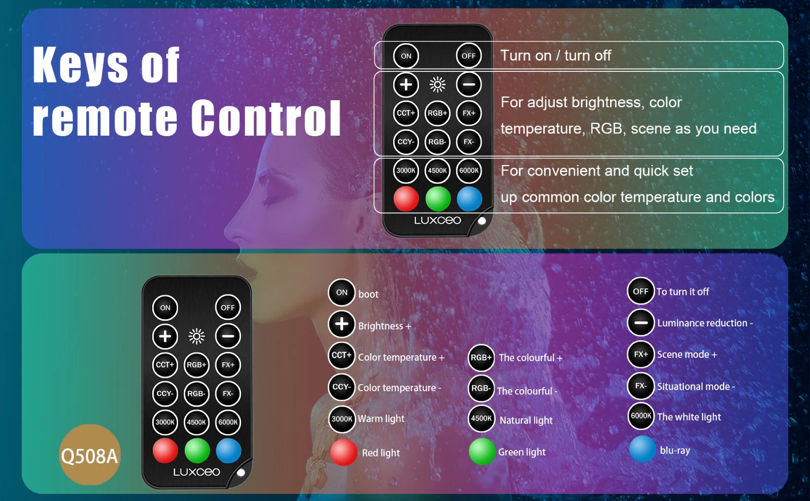 LUXCEO Q508A Handheld RGB Video Tube Light LED Stick 3000K-6000K CRI 95+ Photography Studio Colorful Light Wand For Youtube Vlog