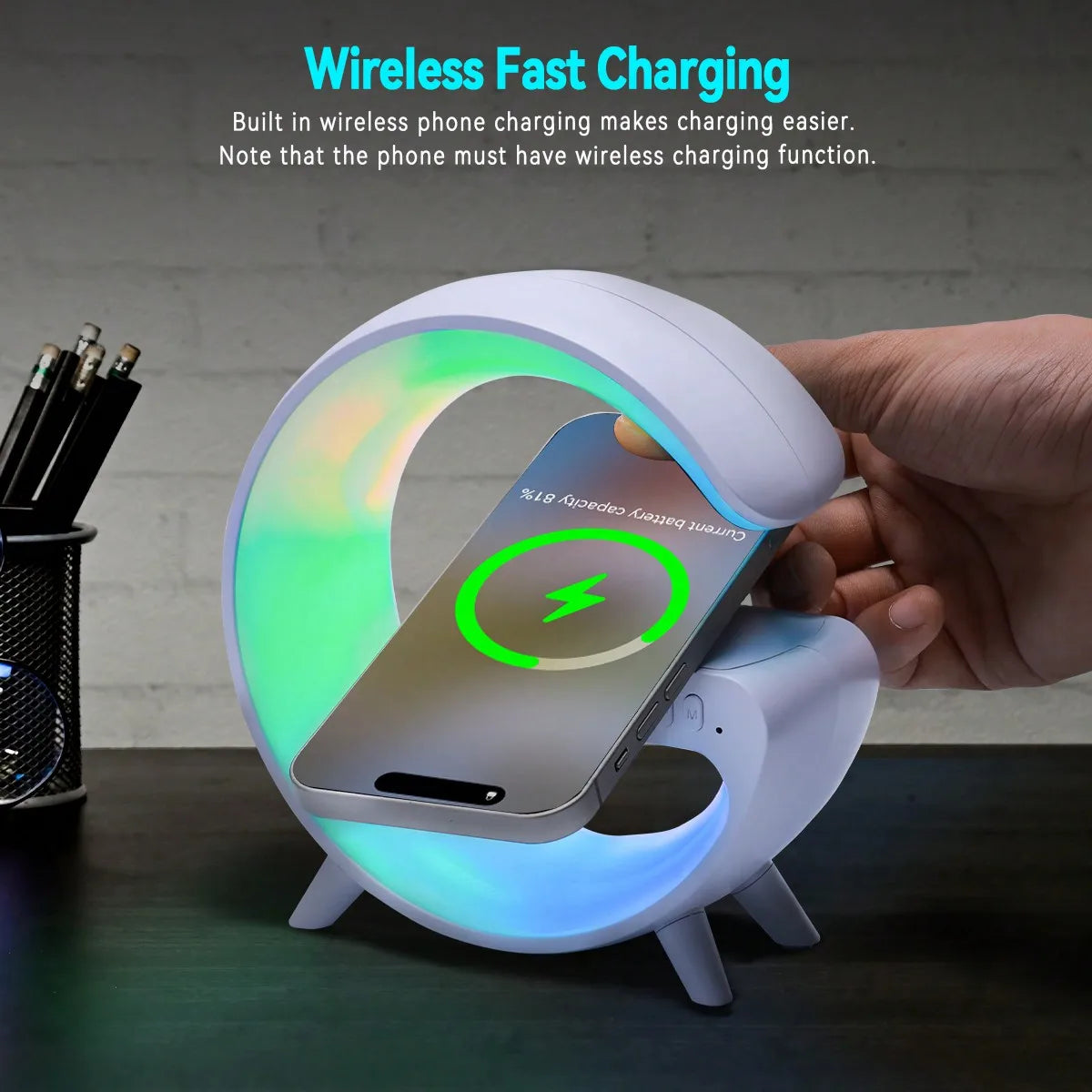New RGB Wireless Charger & Home Desktop Multifunctional Ornament & Alarm Clock & Bluetooth Speaker & Night Light For Smartphones