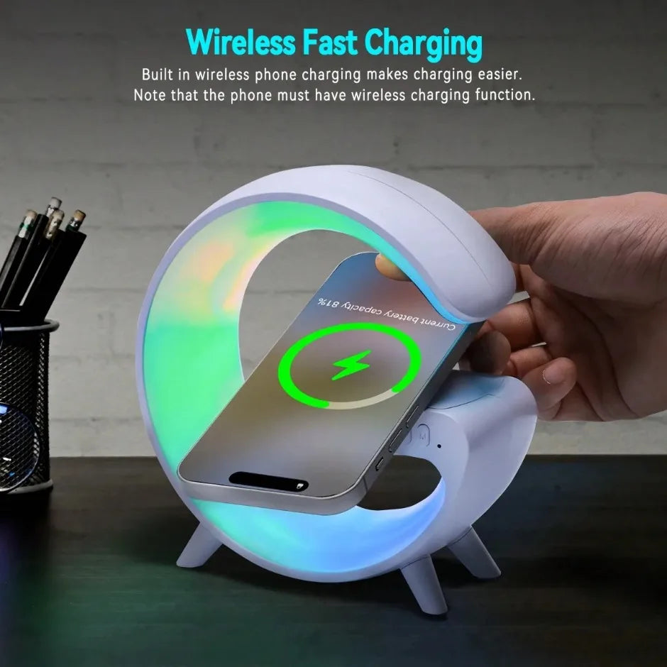 New RGB Wireless Charger & Home Desktop Multifunctional Ornament & Alarm Clock & Bluetooth Speaker & Night Light For Smartphones