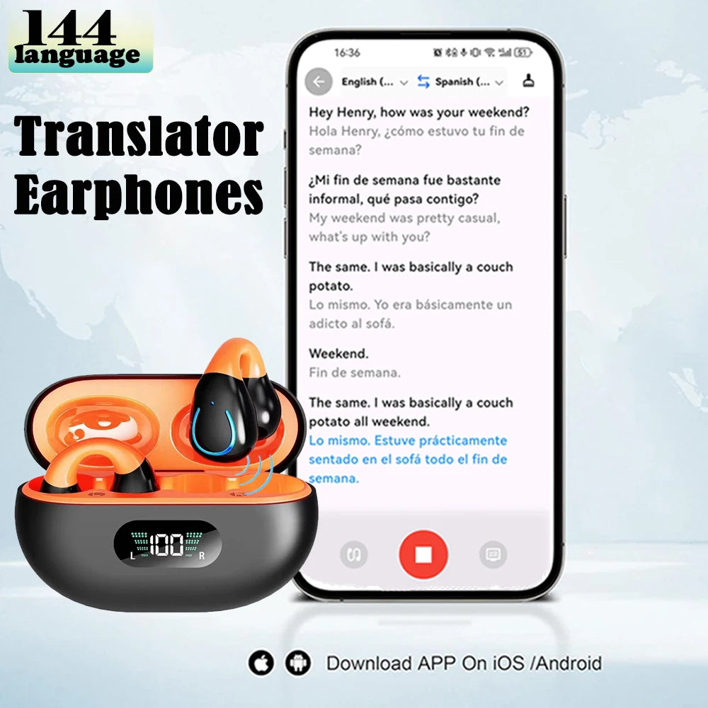 GREATWALL AI Translation Earphones, Ear clip sports headphones, high-definition calls without delay，Translatable  144 languages