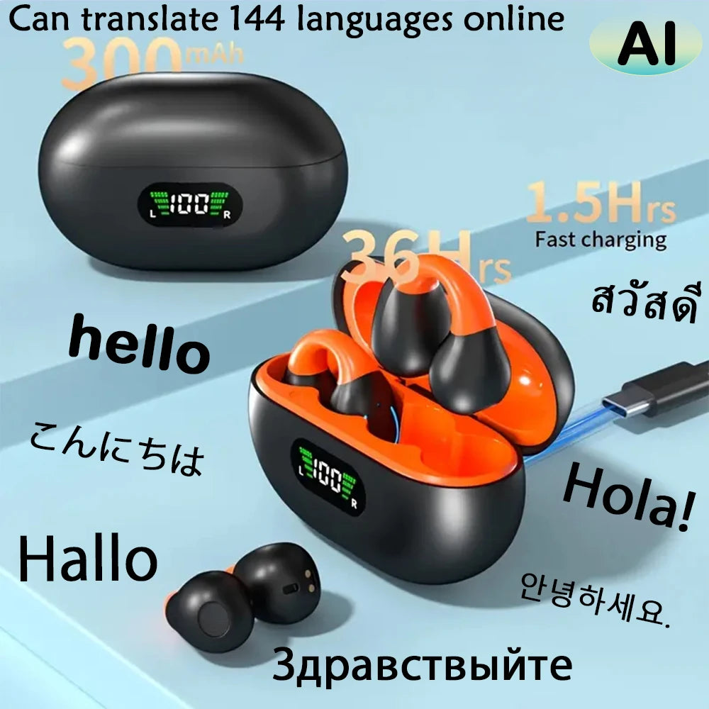 GREATWALL AI Translation Earphones, Ear clip sports headphones, high-definition calls without delay，Translatable  144 languages