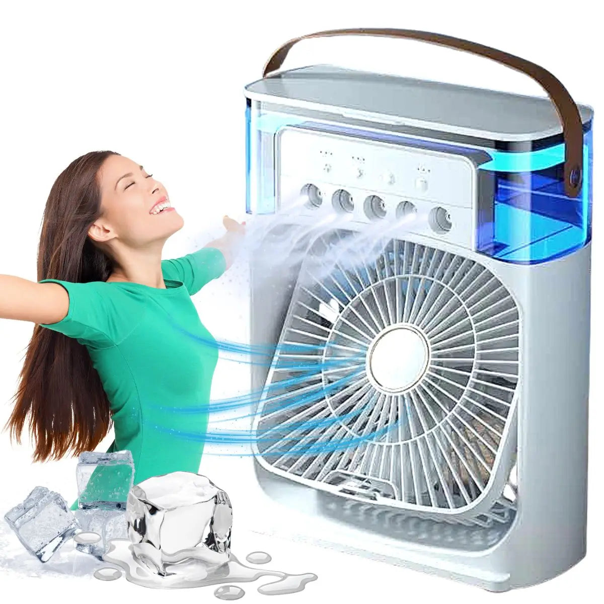 Spray fan portable household three in one small air cooler, 7-color LED night light, 5-hole humidifier, 1-3 hour timer