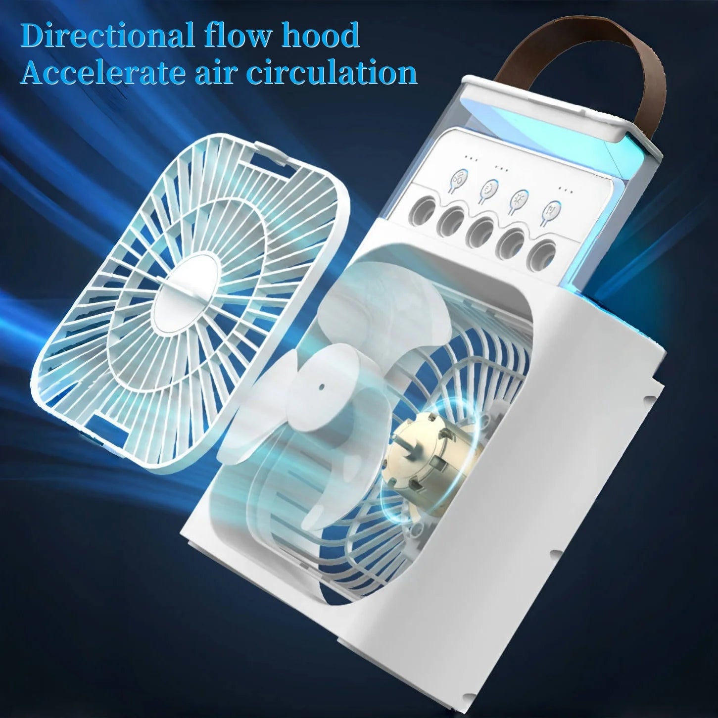 Spray fan portable household three in one small air cooler, 7-color LED night light, 5-hole humidifier, 1-3 hour timer